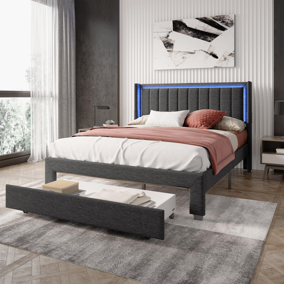 POLSTERBETT 160x200 cm, Grau, mit LED-Beleuchtung & USB-Stecker - Grau, Textil/Metall (160/200cm)