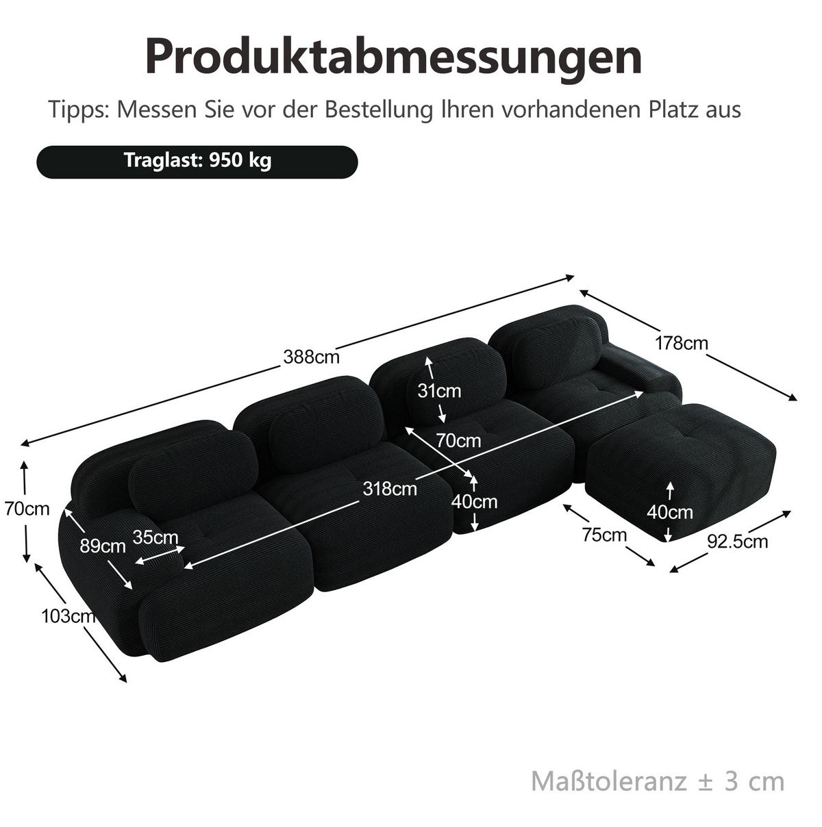 ECKSOFA 388/178/70 cm in Schwarz aus Cord, modular und montagefrei - Schwarz, Textil (178/388cm) - Flora Grace