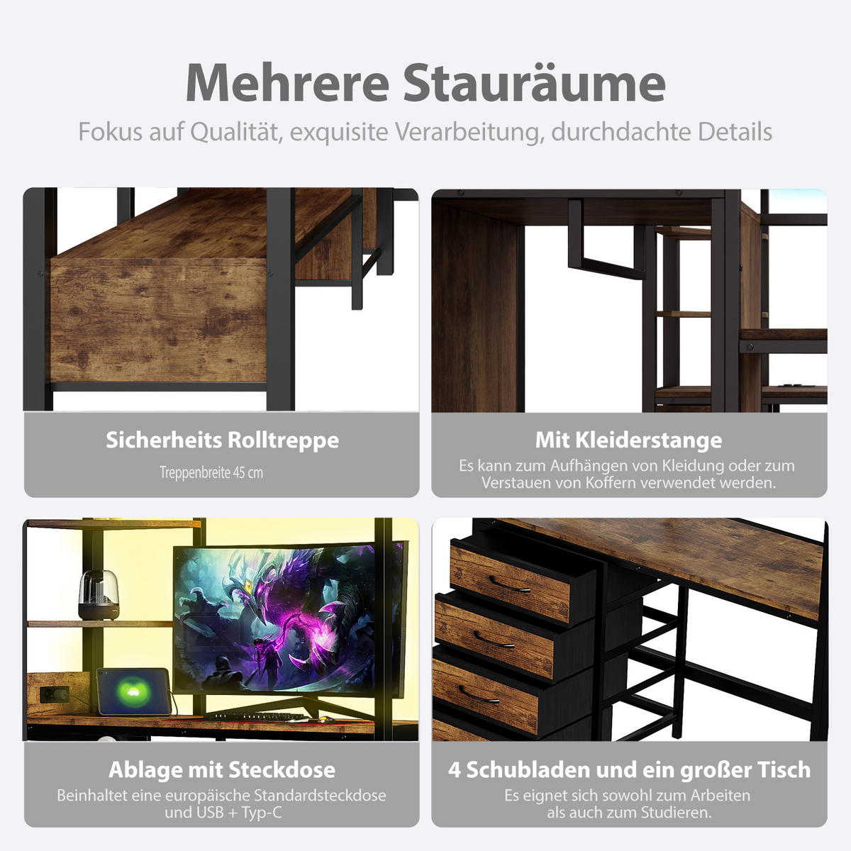HOCHBETT 140/200 cm in Schwarz mit Schreibtisch, LED, Steckdose und Kleiderstange - Schwarz, Holzwerkstoff/Metall (140/200cm) - CHICFURN