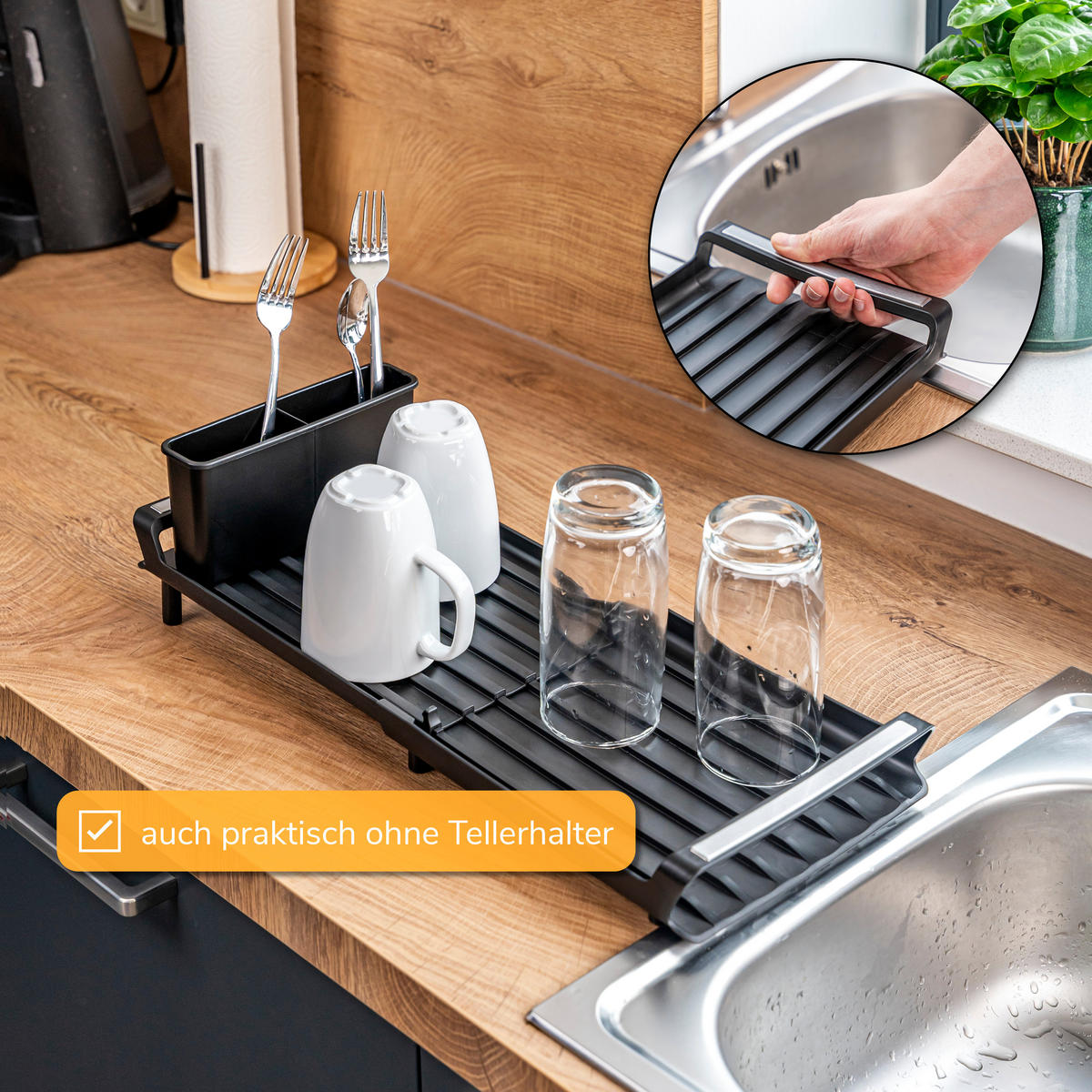 GESCHIRR-ABTROPFGESTELL ausziehbar, schwarz - Schwarz, Kunststoff (46.5/12.5/19.5cm) - eluno