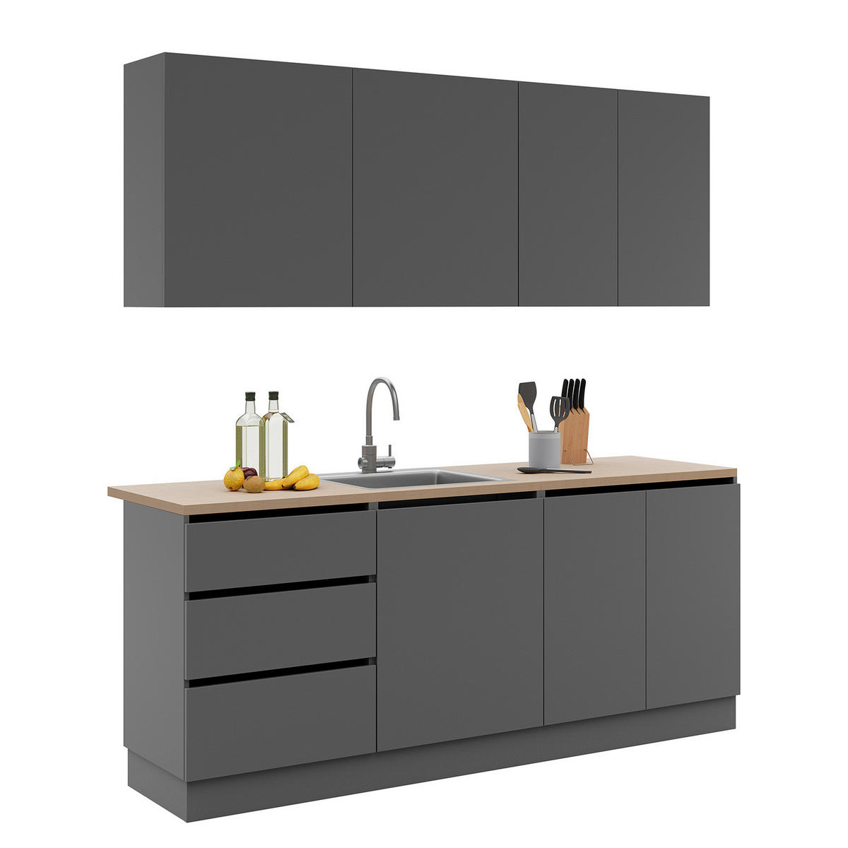 KÜCHENZEILE - Anthrazit, Holzwerkstoff (202/72/60cm) - home24