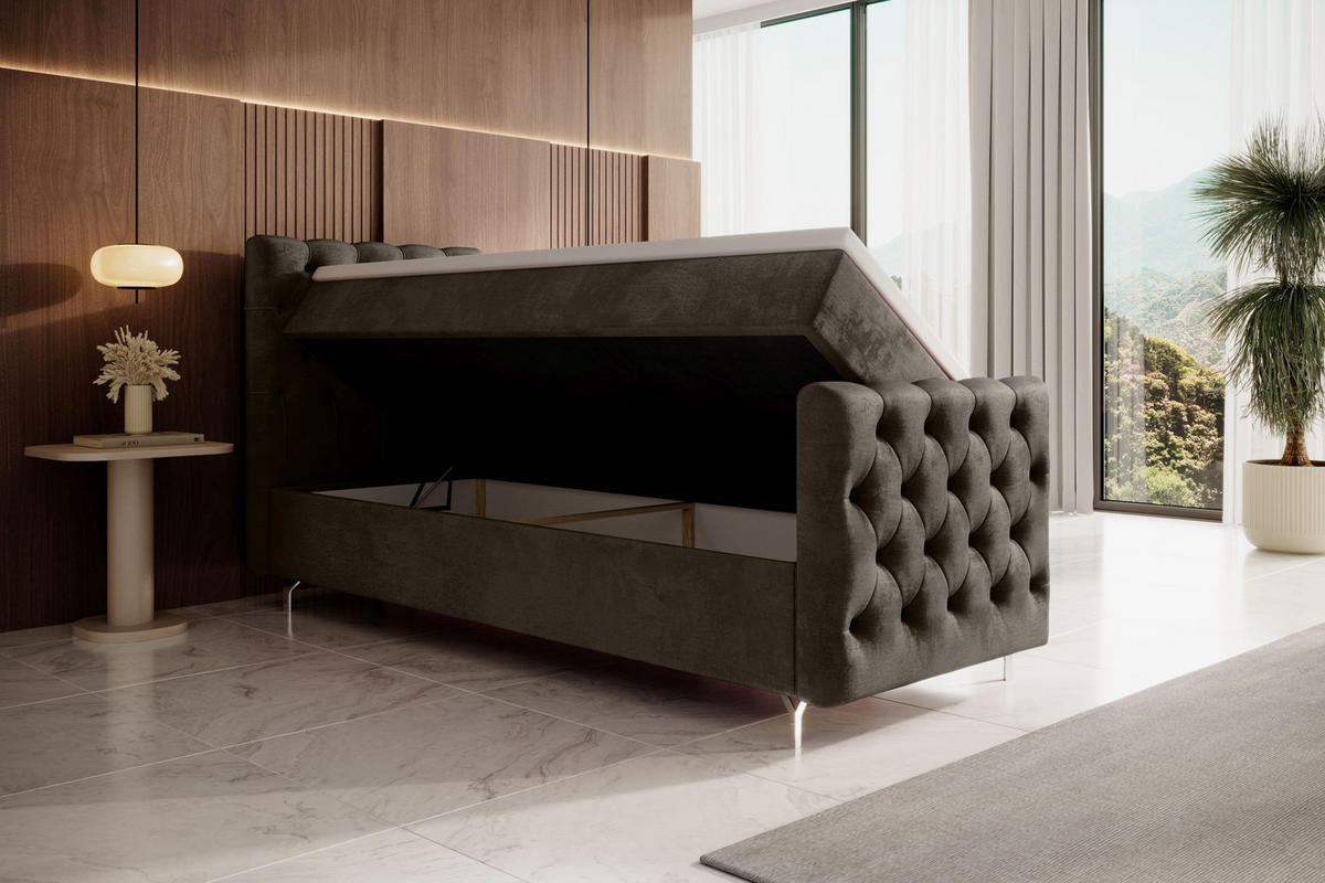 BOXBETT CHESTER PLUS mit Matratze H3, Bonell und Topper 80x200 Monolith 15 Links - Braun, Textil (80/200cm) - Bedante