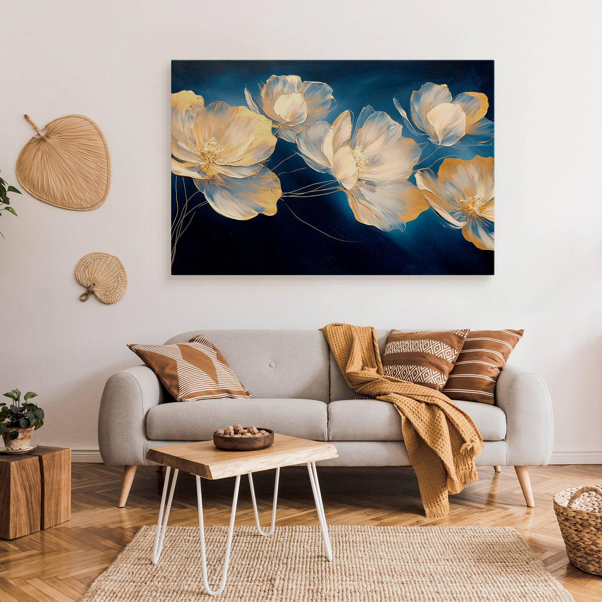 LEINWANDBILD für Schlafzimmer Blumen Pflanzen Natur Malarei 30cm x 20cm - Blau/Beige, Textil (30/20cm) - Muralo