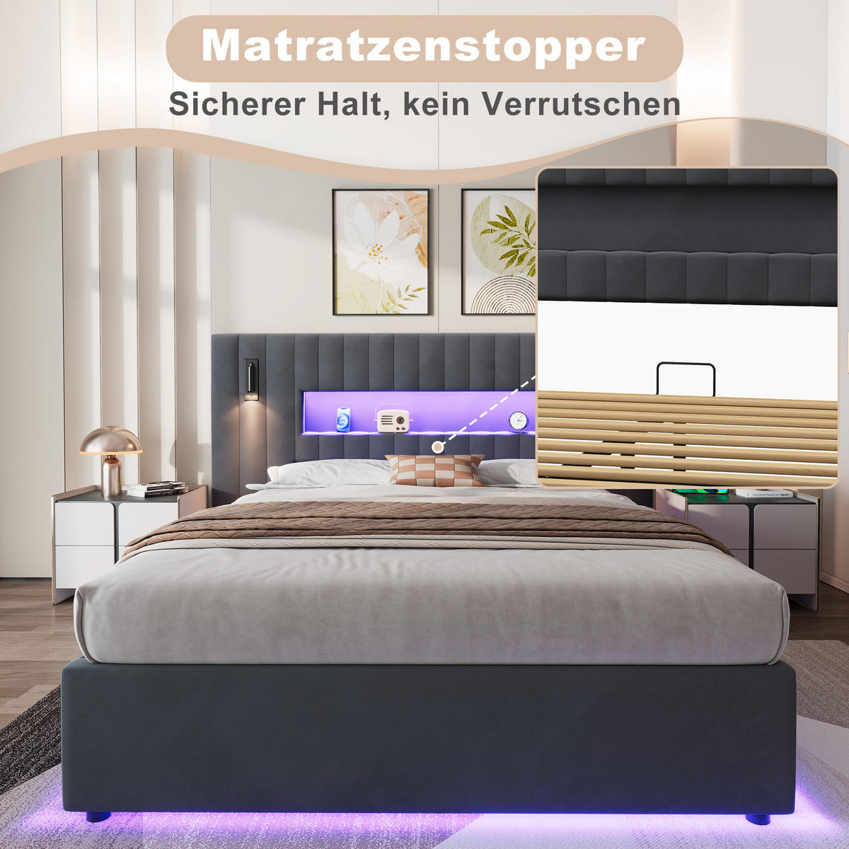 POLSTERBETT 140/200 cm Dunkelgrau mit LED & USB - Dunkelgrau, Textil (140/200cm) - Flora Grace