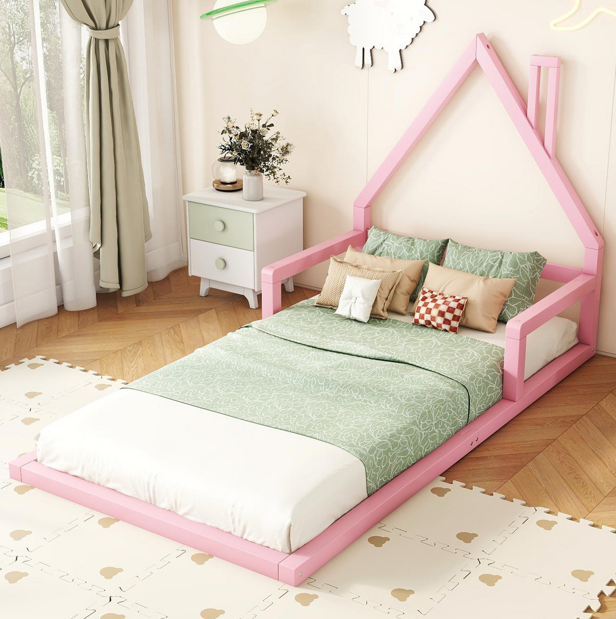 KINDERBETT 90/200 cm in Hausform aus massivem Kiefernholz in Rosa - Rosa, Holz (90/200cm) - BEAOK