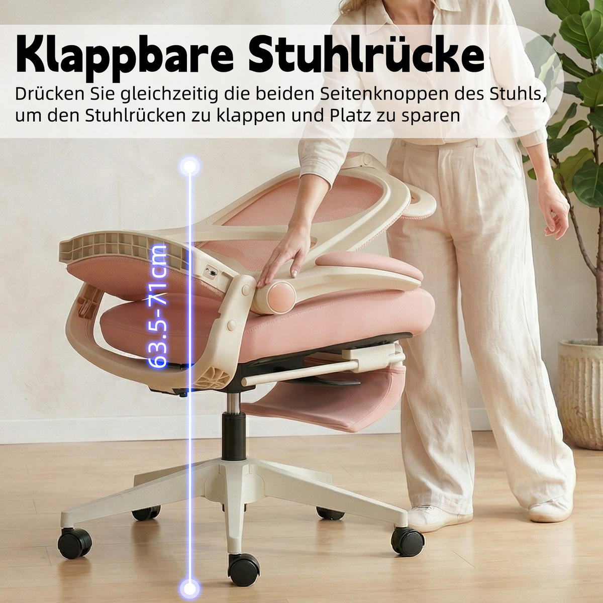 DREHSTUHL DE-40943 mit klappbarer Rückenlehne und 3D-Kopfstütze Rosa - Pink, Metall (62/129/48.5cm) - ComfortXL