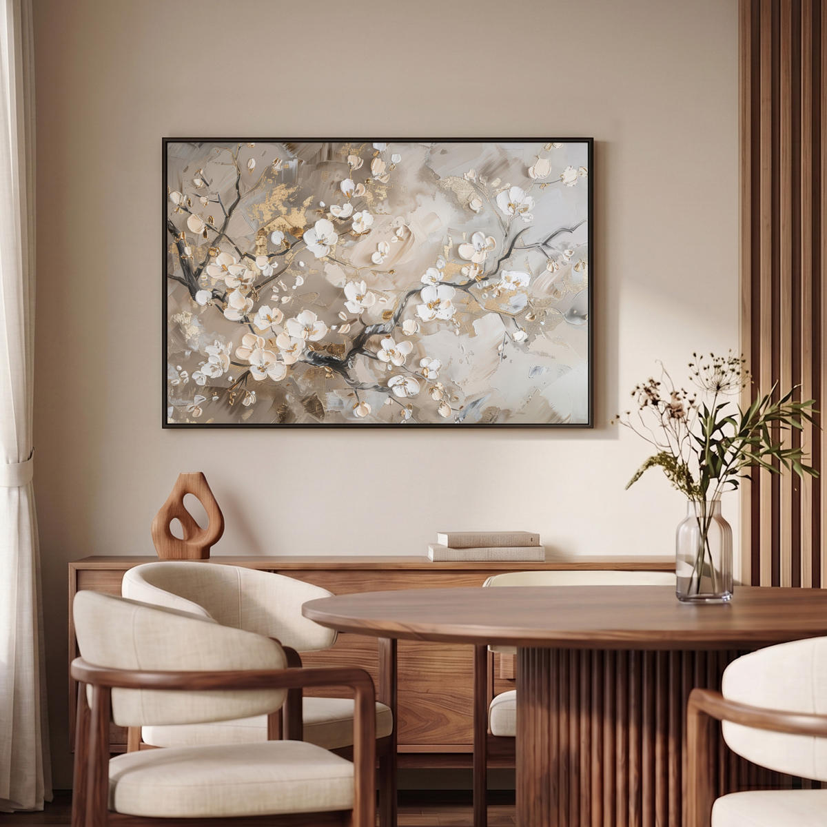 LEINWAND Bilder mit Rahmen - Blumen - Weiß - Gold - Beige - Luxus - 90x60 - Greige, Textil (90/60cm) - MuchoWow