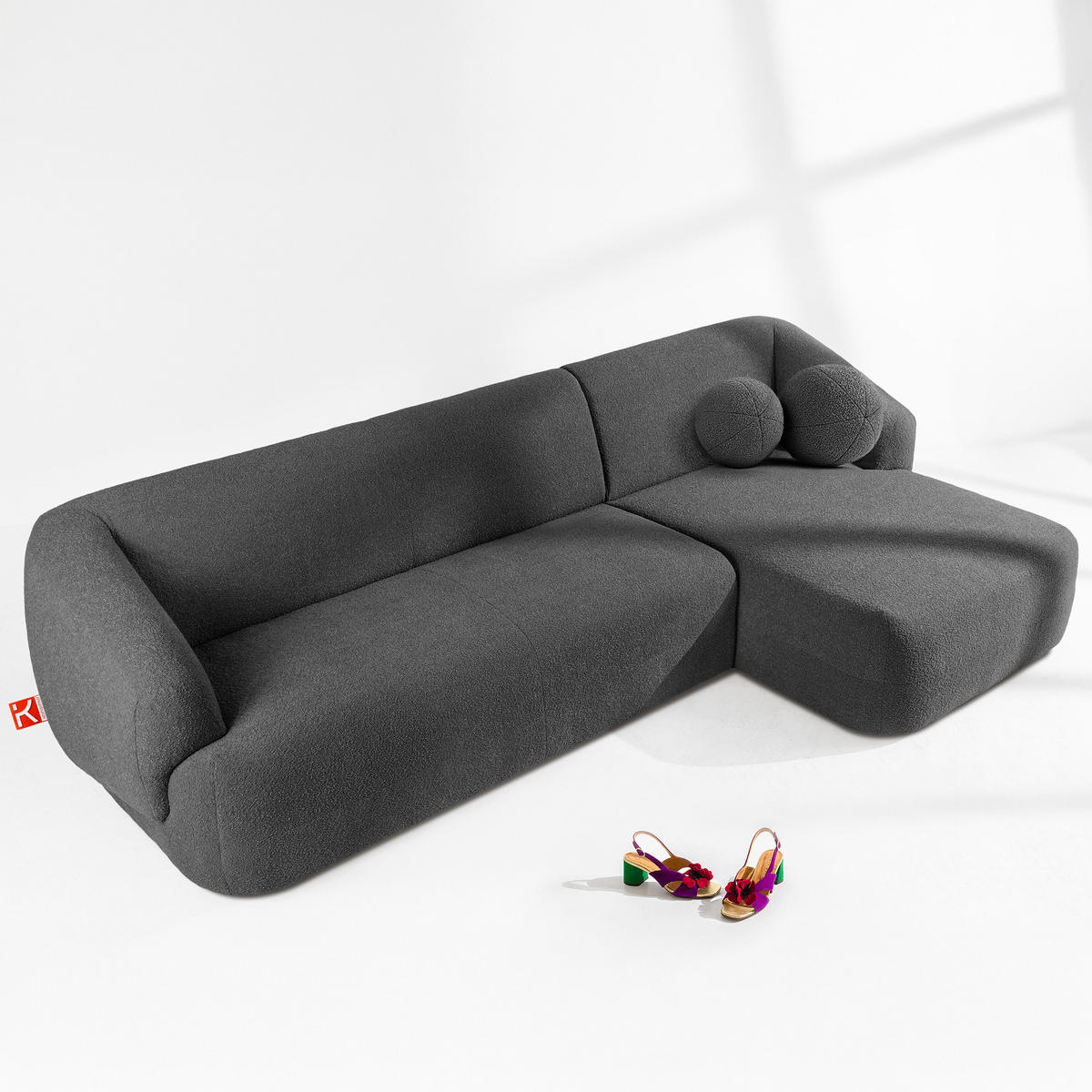 ECKSOFA RECHTS VIRA, Dunkelgrau, Bouclé - Dunkelgrau/Schwarz, Holz/Holzwerkstoff (300/160cm) - KONSIMO®