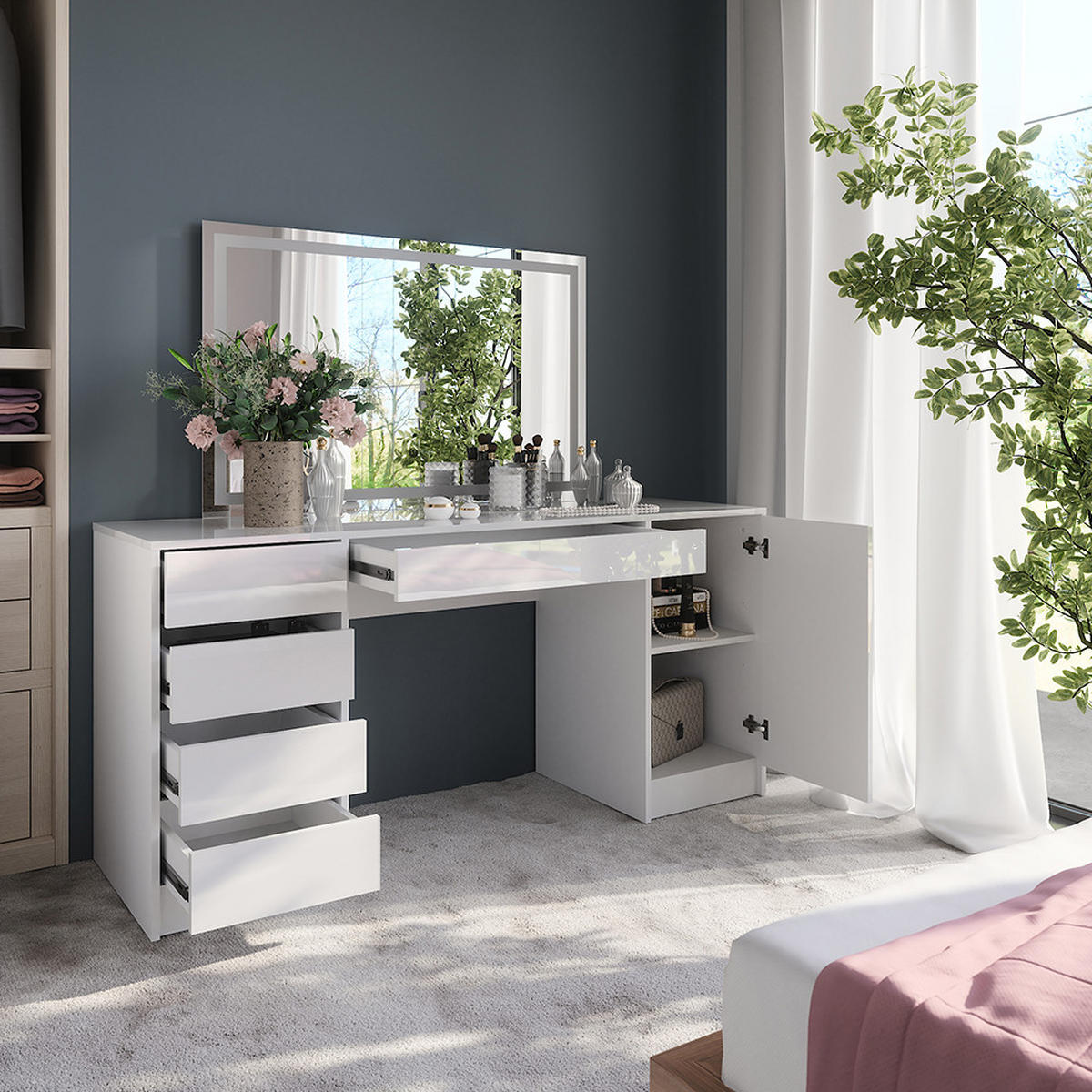 SCHMINKTISCH Sherry Weiß/Weiß Hochglanz 158.2 cm mit LED-Spiegel - Weiß Hochglanz, Holzwerkstoff (158.2/76/50.1cm) - Vicco