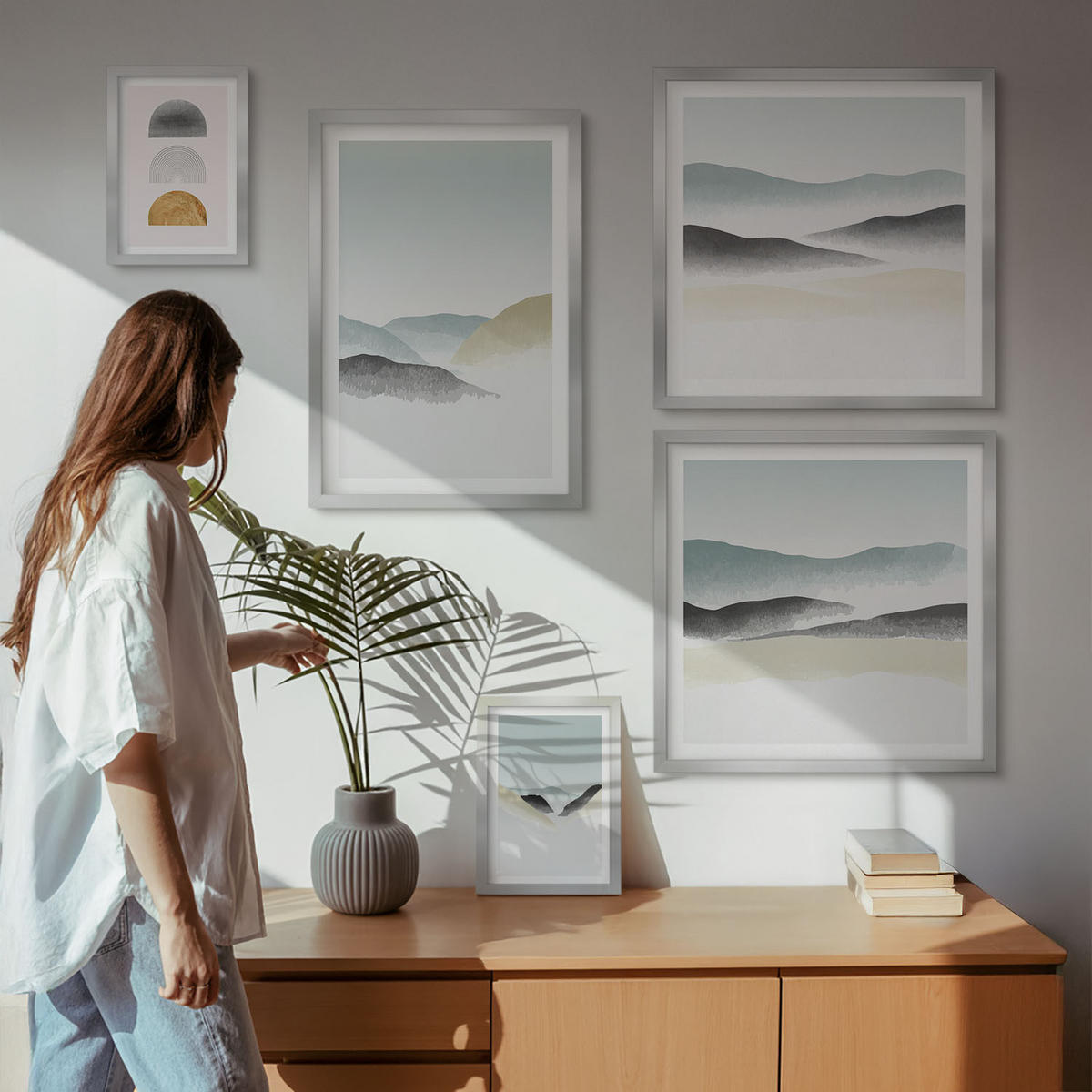 BILDER SET 5er Set - 50x50 cm & 20x30 cm & 40x60 cm Silberner Rahmen - Wellen – Japanische Kunstgrafik - Silberfarben, Kunststoff (40/60cm) - TULUP