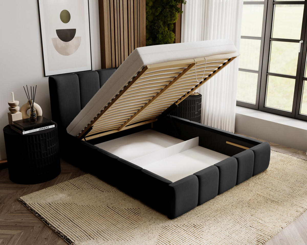 POLSTERBETT mit Kopfstütze Buchel 120x200 cm, Schwarz - Schwarz, Textil (120/200cm) - Fedve