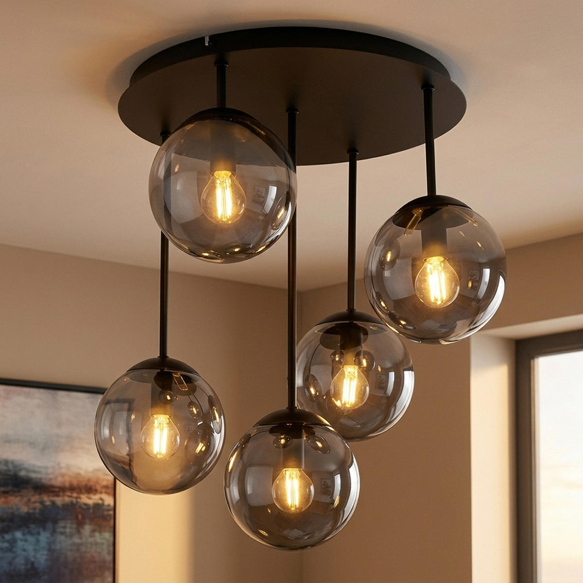 DECKENLEUCHTE HARMON Metall, Schwarz, 5-flammig - Anthrazit, Glas (38/38/51cm) - Globo Lighting