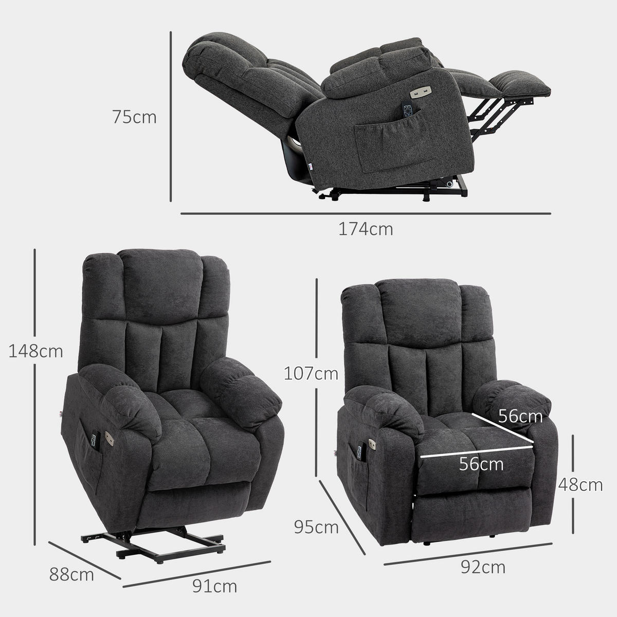 FERNSEHSESSEL mit Aufstehhilfe Elektrisch Relaxsessel mit Liegefunktion Schwarz - Schwarz, Kunststoff (95/107/92cm) - HOMCOM