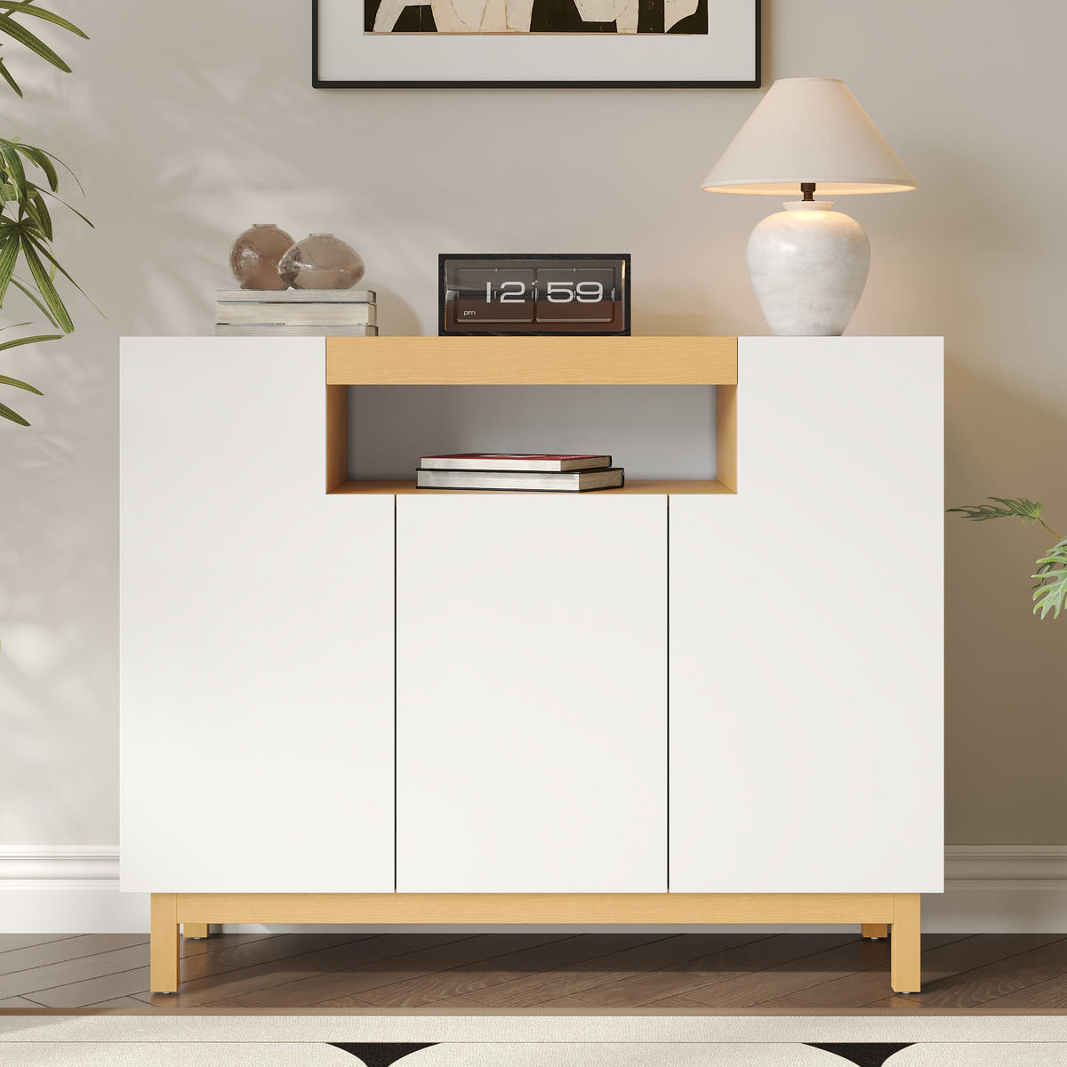 SIDEBOARD 120,5/42/96 cm weiß aus Spanplatte mit 3 Türen und offenem Fach - Weiß, Holzwerkstoff (120.5/96/42cm) - OKWISH