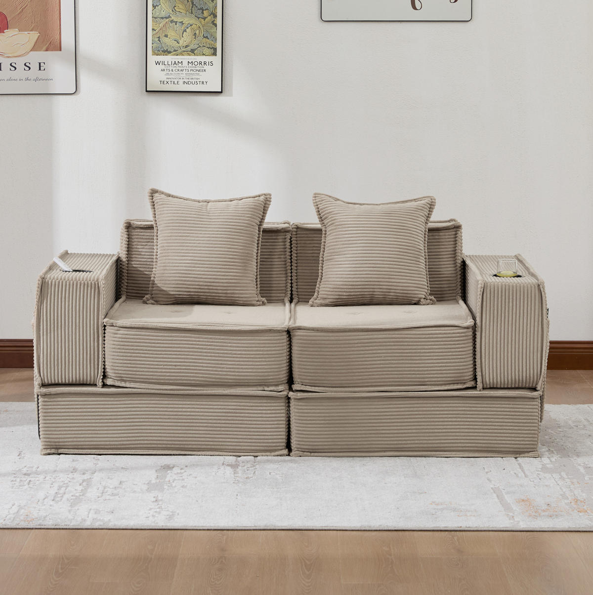 SOFA modular 162 x 78 x 66 cm Cord Khaki mit 2 Kissen - Braun, Kunststoff (78/66/162cm) - Meubliv