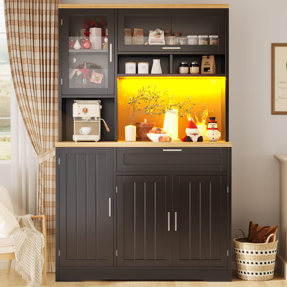 KÜCHENSCHRANK LED 104x40x180Cm Vitrine Weiß Schwarz - Schwarz, Metall (104/180/40cm) - FLIEKS