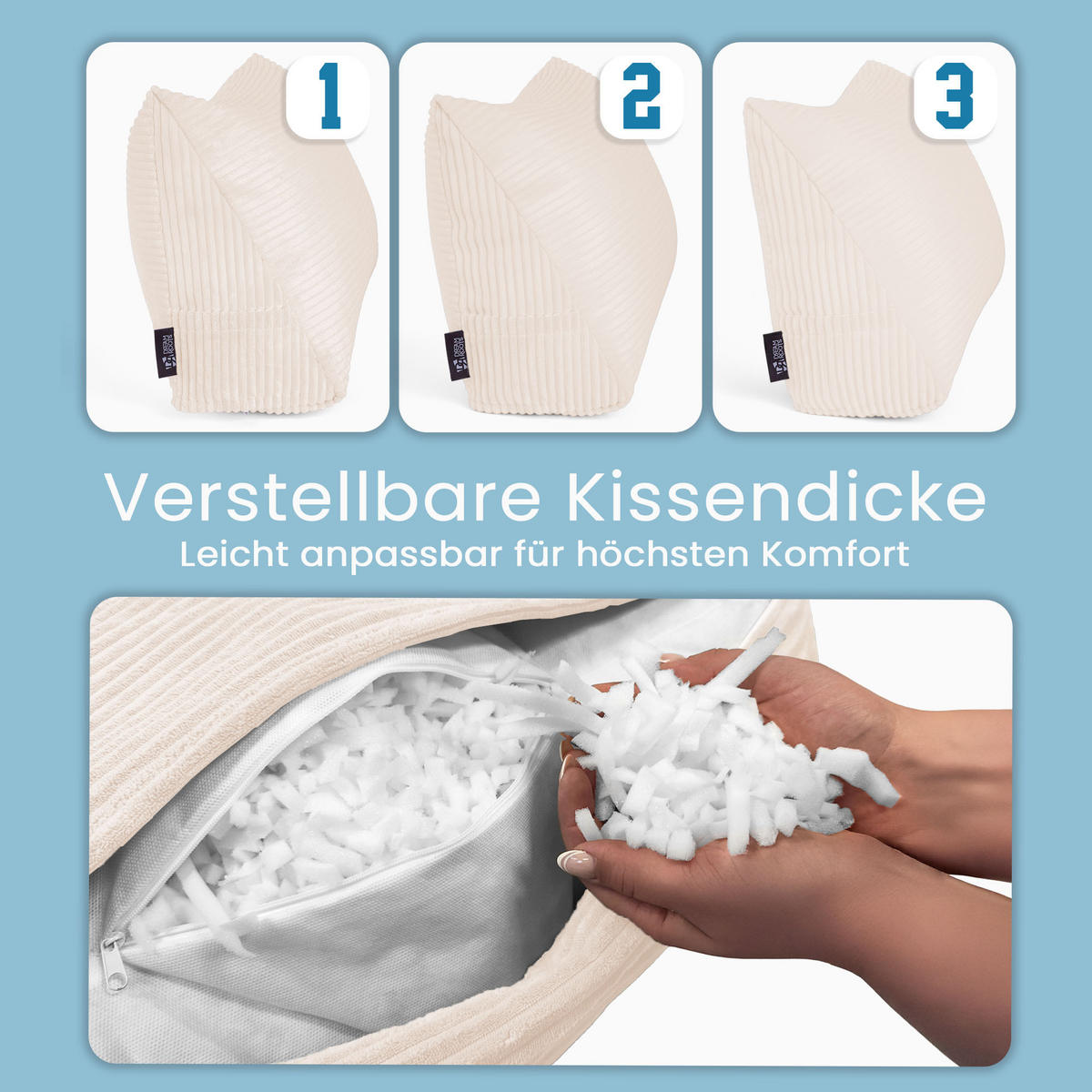 KEILKISSEN Vanilla Ice, 70/40/20 cm, Cord - Creme, Textil (70/20cm) - Dreamroots