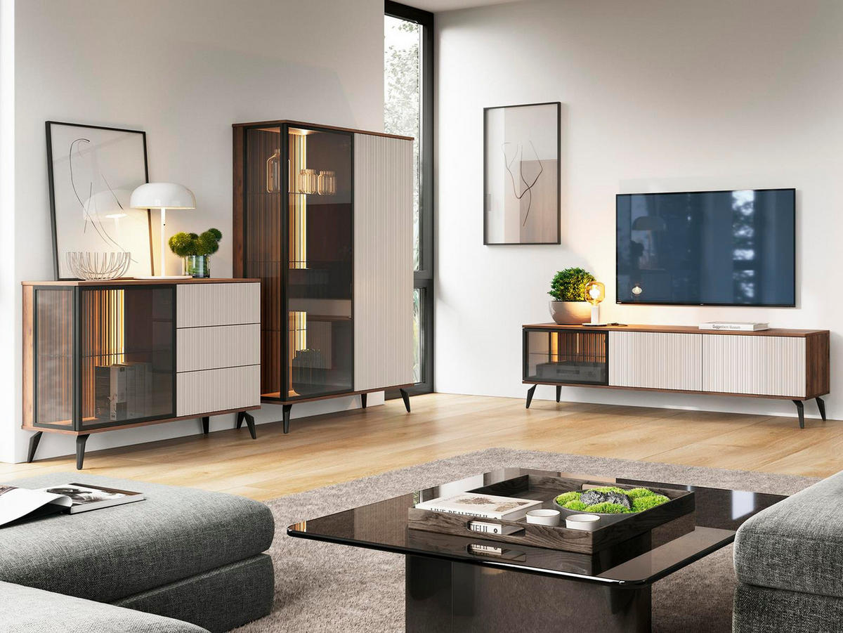 VITRINE mit Lamellen VIVIN - Nussbaumfarben, Holzwerkstoff (103/162/39cm) - Compleo24