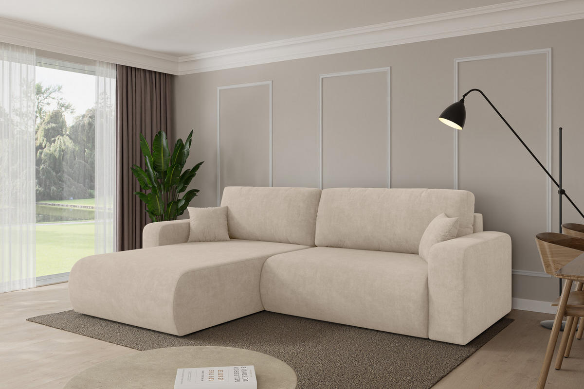 ROHOVÁ SEDAČKA s funkcí spaní, otoman vlevo BERY-L 276x193x88 béžová velur - černá/Sahara, kompozitní dřevo/textil (276/193cm) - ALTDECOR