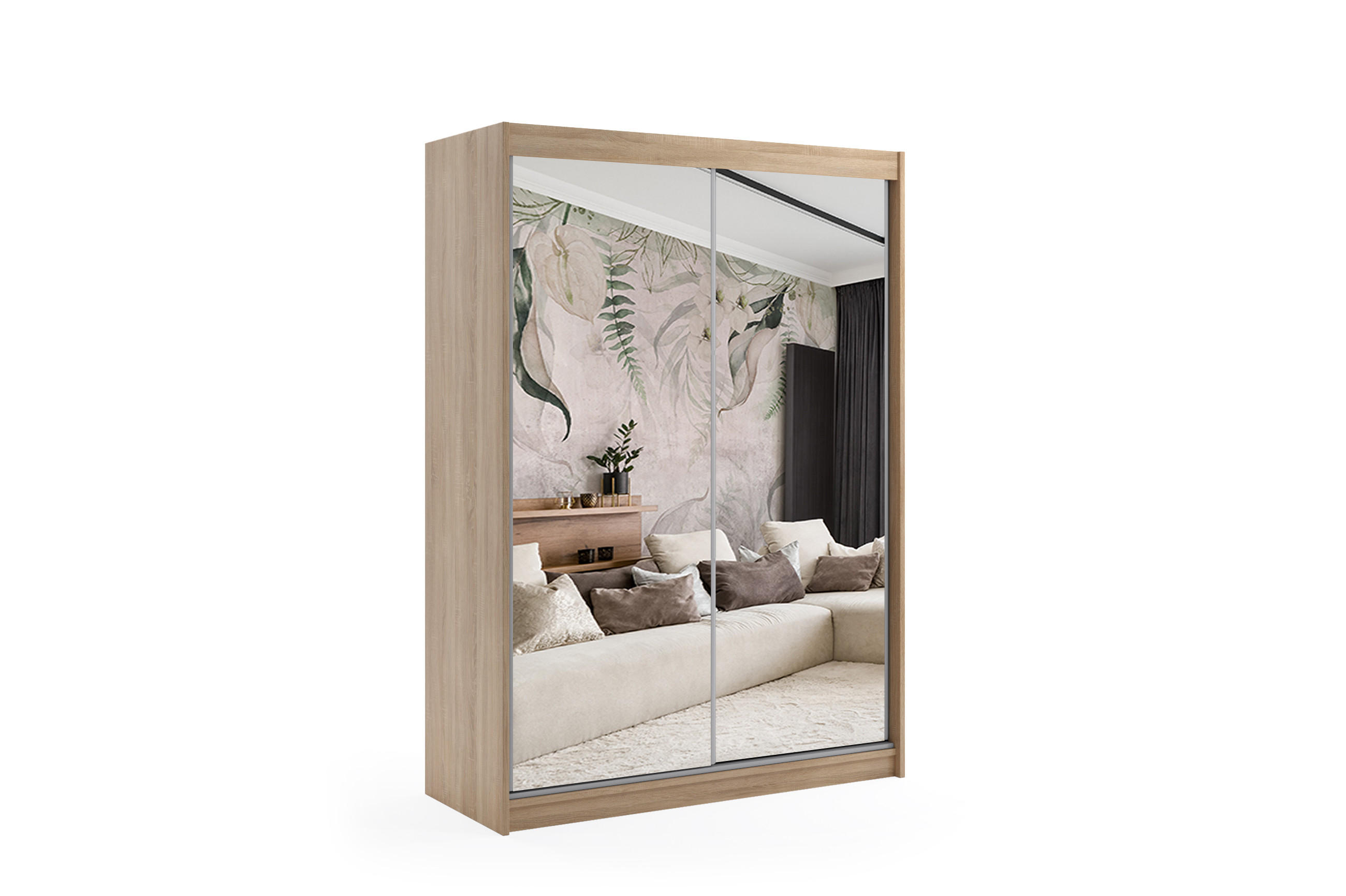 ALTDECOR ŠATNÍ SKŘÍŇ s zrcadlovými posuvnými dveřmi a hliníkovými lamelami – DEBI – 120 cm Sonoma