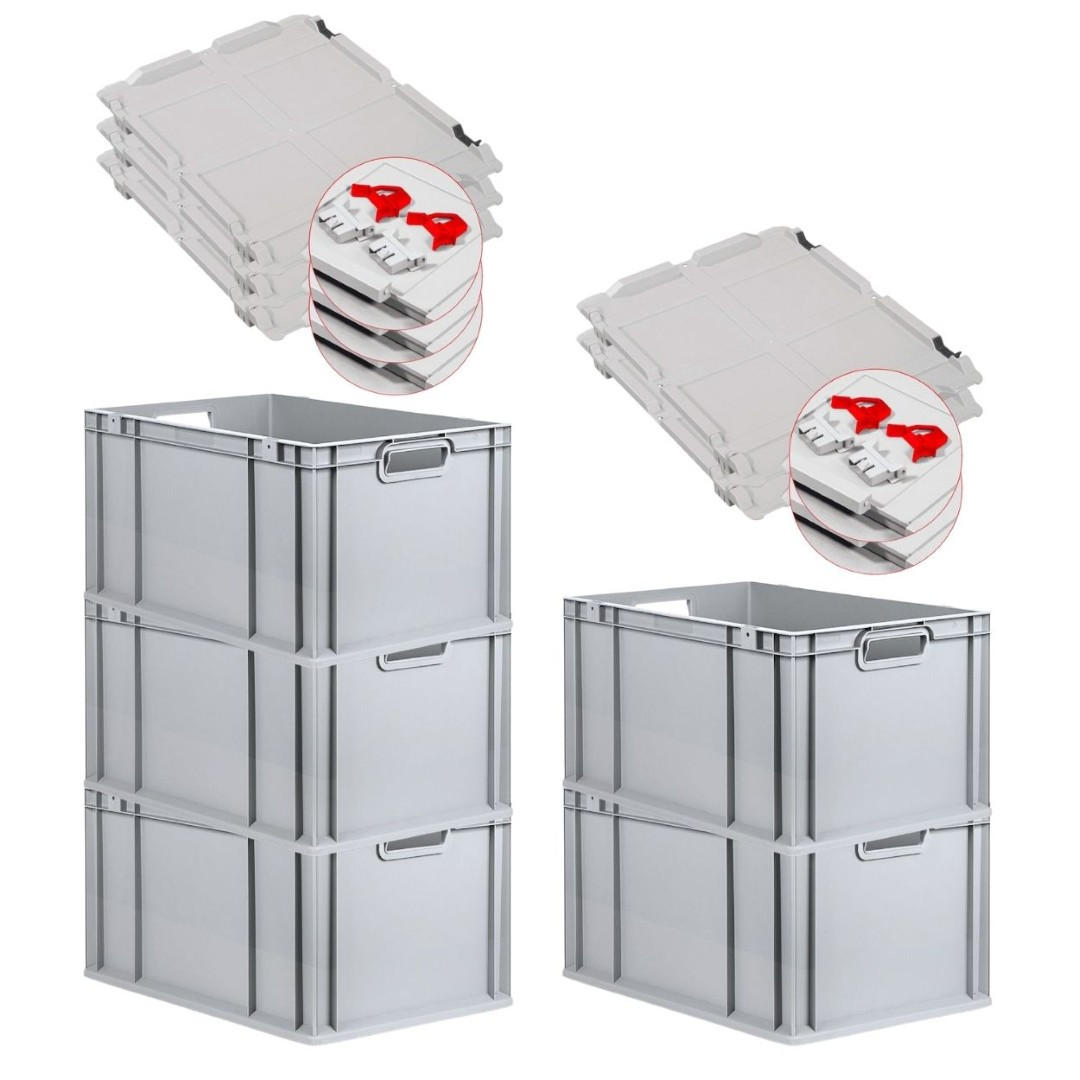 EUROBOX 5x Nextgen Economy Mit Scharnierdeckel Grau/Rot Griffe Offen 65 Liter - Rot, Kunststoff (40/32/60cm) - PROREGAL