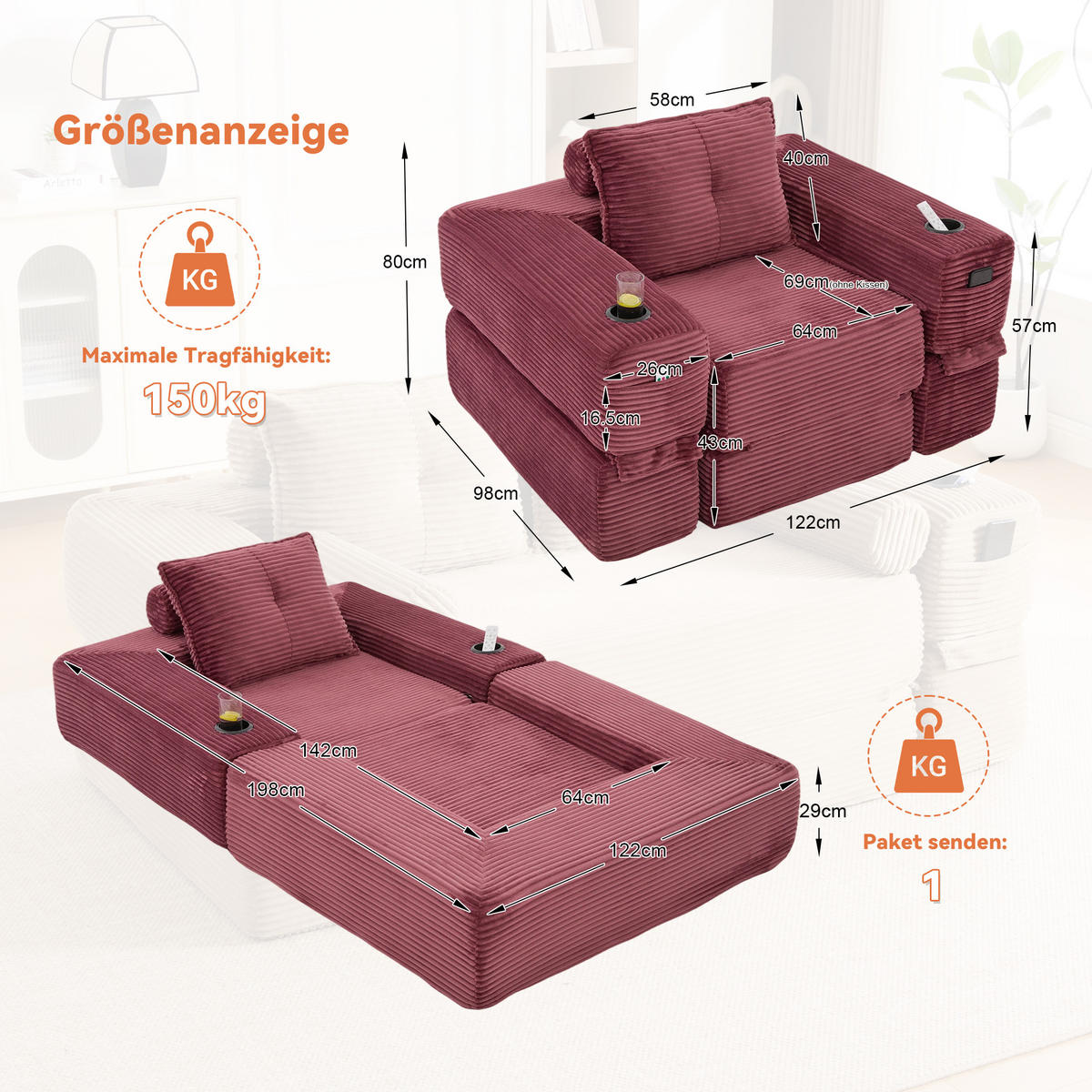 SCHLAFSOFA mit Cordbezug, Federkern, Getränkehalter und Seitentasche - Weinrot, Textil (122/80/98cm) - EVRYAE