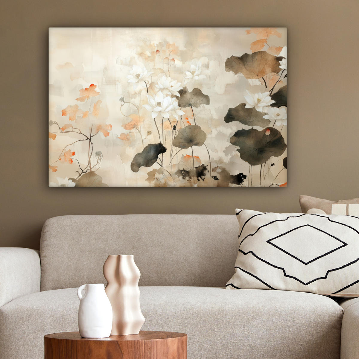 LEINWANDBILD Blumen - Japandi - Wabi sabi Gemälde 60x40 cm - Sandfarben, Textil (60/40cm) - MuchoWow