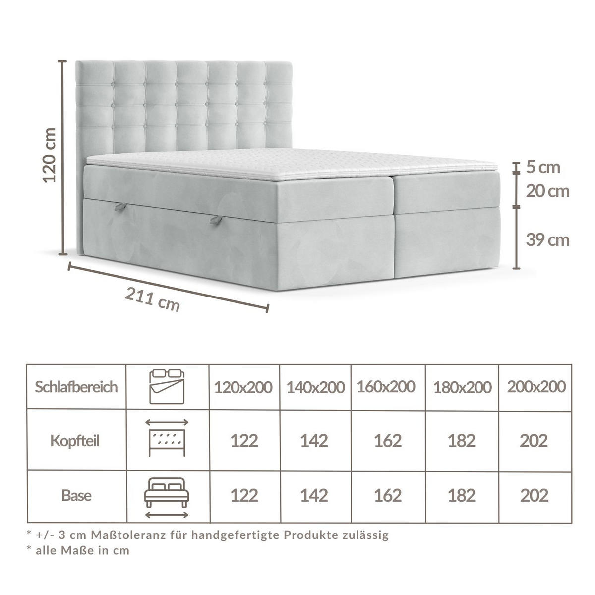 BOXBETT Sansa Hellgrau 120/200 cm mit Taschenmatratze und Topper - Hellgrau/Schwarz, Holz/Holzwerkstoff (120/200cm) - Maison de Reve