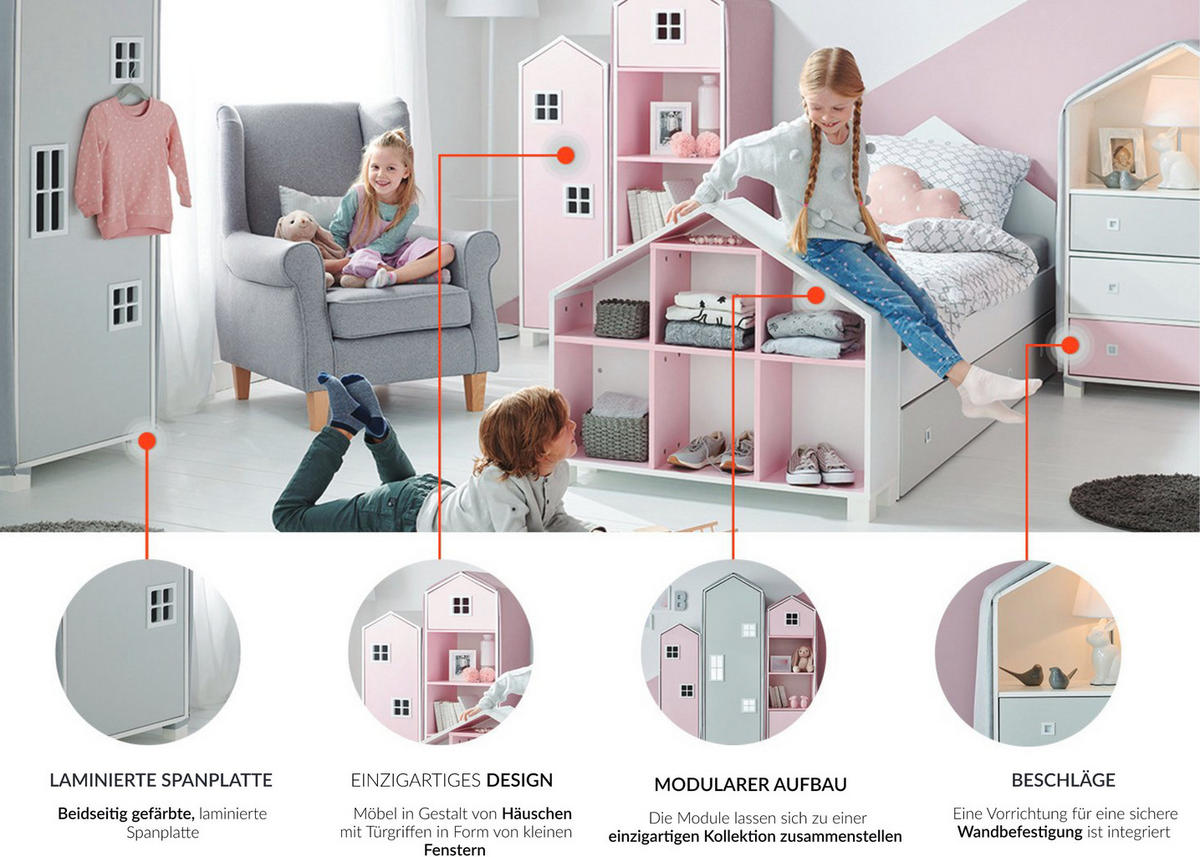 KINDERMÖBEL-SET MIRUM 4er-Set, Weiß/Grau - Weiß/Grau, Holz (40/145/45cm) - KONSIMO®