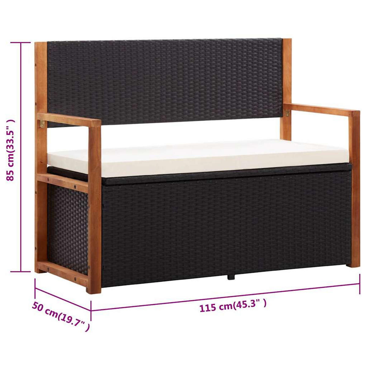 BANK Mit Stauraum 115 Cm Poly Rattan Massivholz Akazie Schwarz - Schwarz, Kunststoff (115/85/50cm) - vidaXL