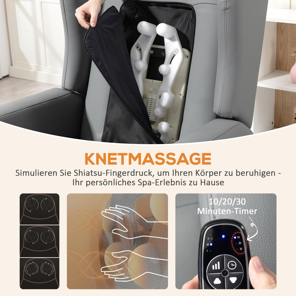 MASSAGESESSEL Elektrisch mit 3D Knetmassage Grau - Grau, Textil (77/107/89cm) - HOMCOM