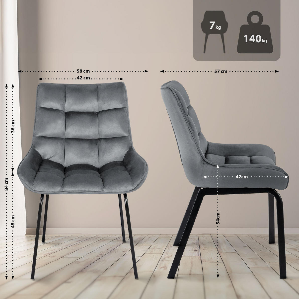 STUHL 2er Set Samt Dunkelgrau - Dunkelgrau/Schwarz, Textil/Metall (58/84/57cm) - CLP