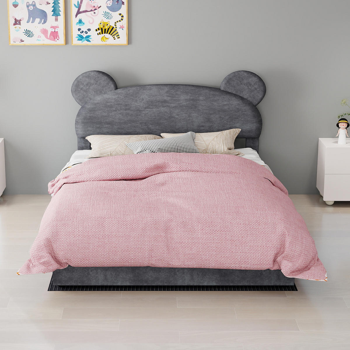 POLSTERBETT 140/200 cm in Grau Stoff mit Bettkasten und Cartoon-Kopfteil - Grau, Holzwerkstoff/Textil (140/200cm) - STILVORA