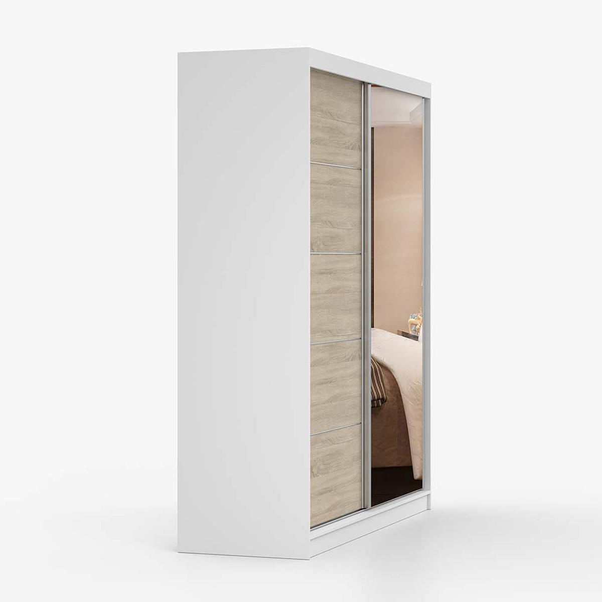SCHWEBETÜRENSCHRANK 183/218/61 cm 2-türig Bella 03 Weiß, Sonoma Eiche - Alufarben/Weiß, Glas/Holzwerkstoff (183/200/61cm) - imoebel24