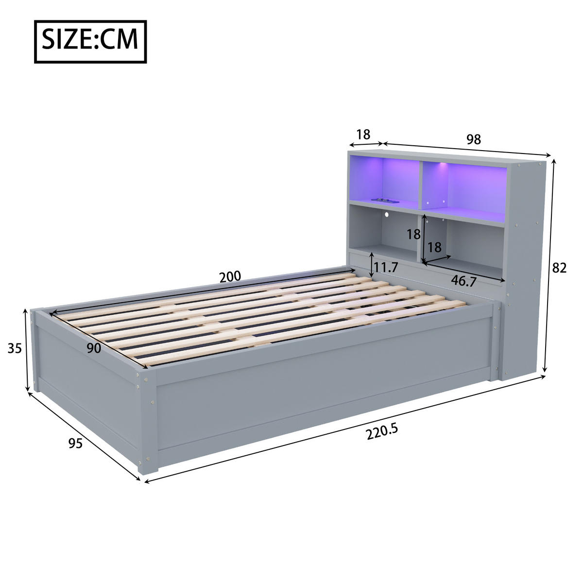 BETT 90/200 cm mit Multifunktionssteckdose, LED-Beleuchtung & Stauraum Grau - Grau, Holz (90/200cm) - OKWISH