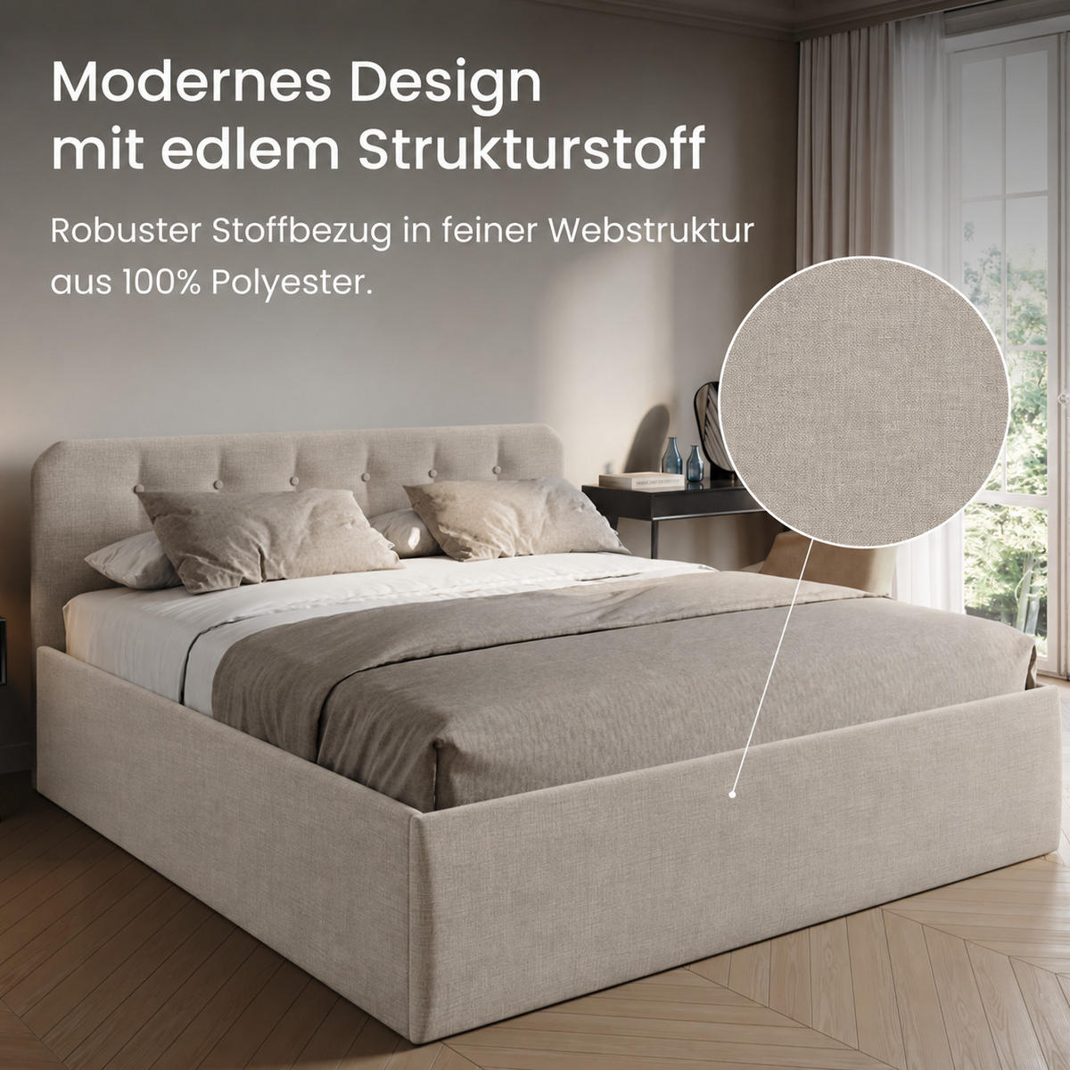POLSTERBETT mit verstellbarem Lattenrost & Bettkasten, Kaltschaummatratze, 180 x 200 cm in Creme - Creme, Holzwerkstoff/Textil (180/200cm) - Home Collective