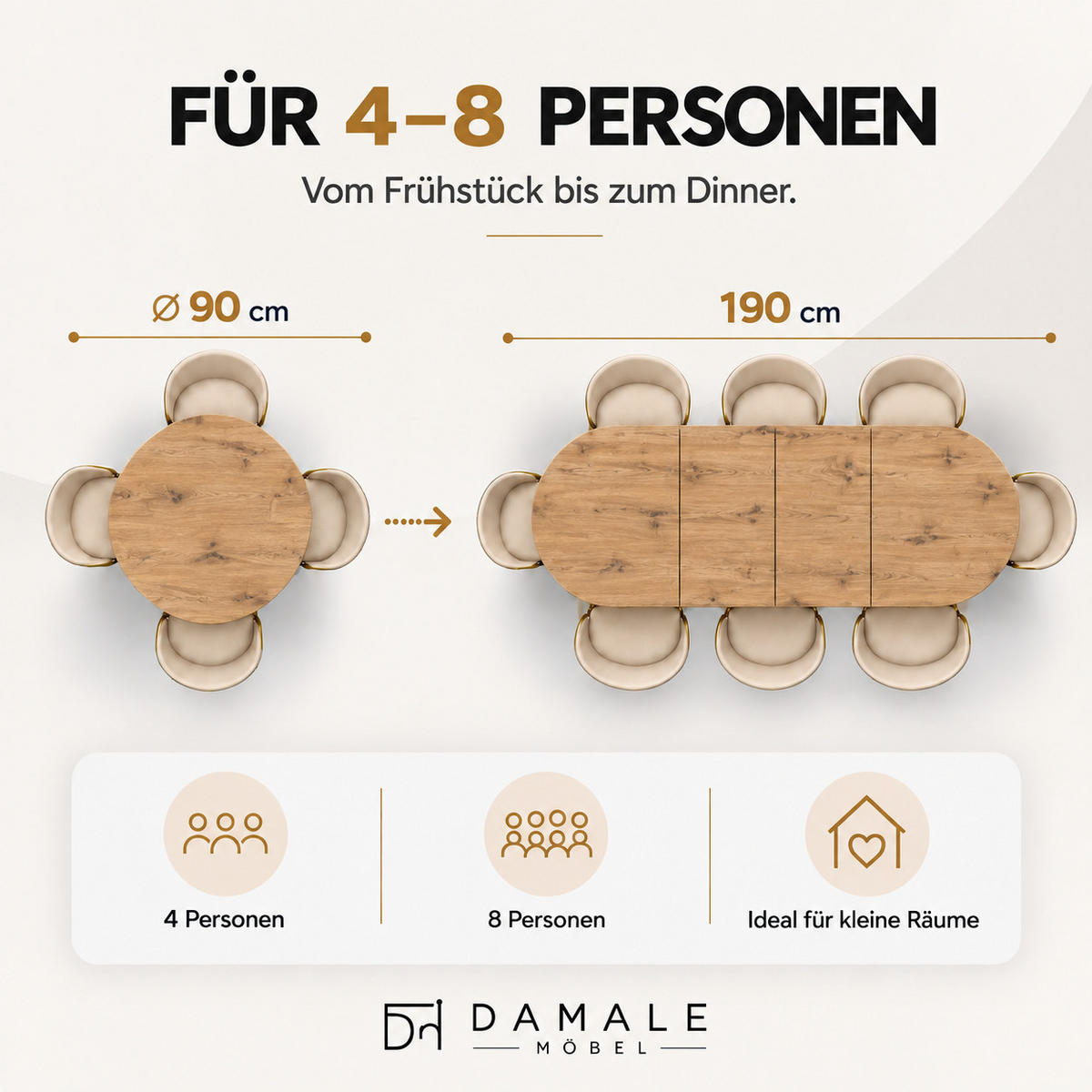 ESSTISCH rund ausziehbar 90/190/76 cm, Eiche Craft, 54 cm Tischplatte + Y Metallgestell Schwarz - Eichefarben/Schwarz, Holzwerkstoff/Metall (90/190/76cm) - Damale Möbel