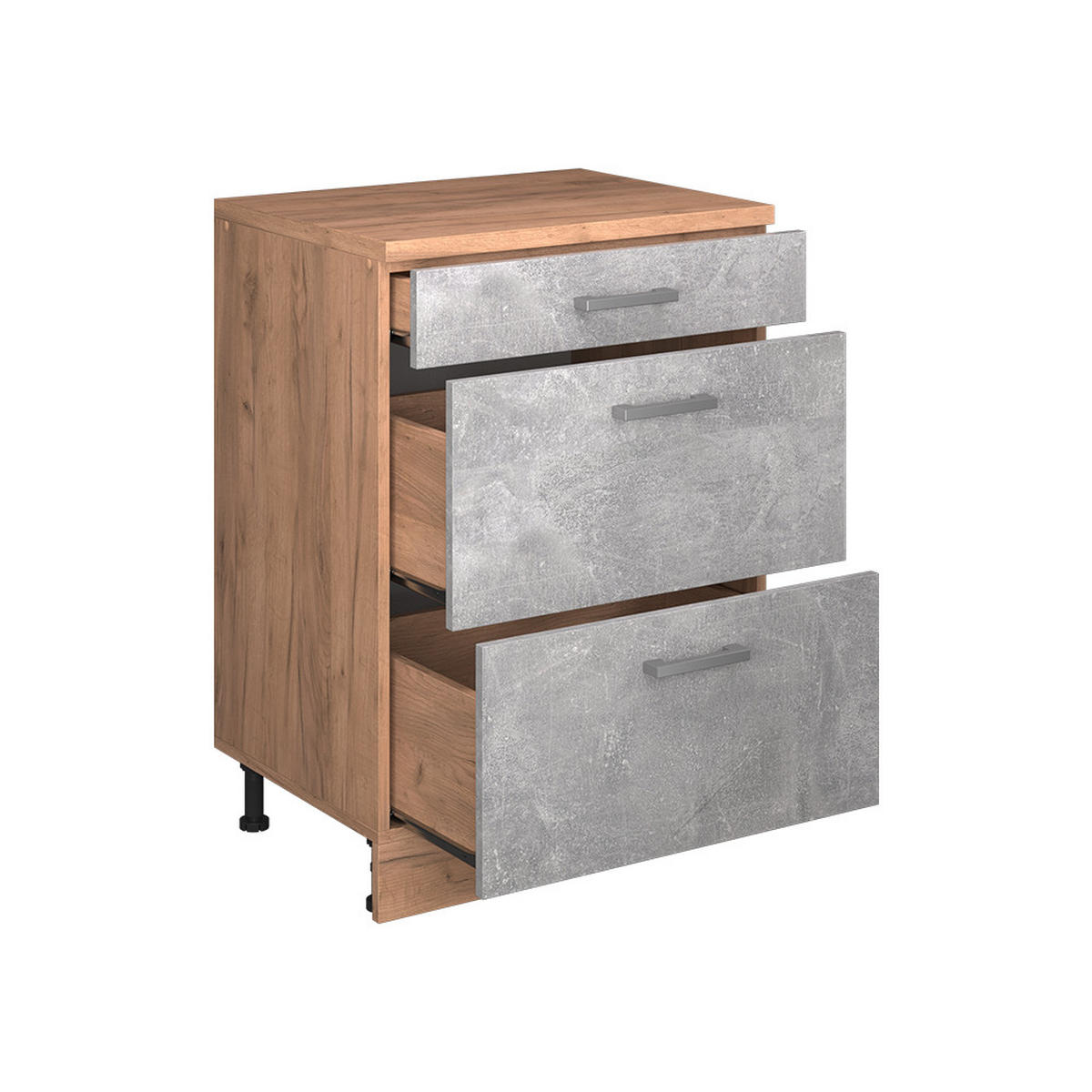 KUHINJSKA OMARA ZA POŠEVNE STREHE R-Line, Beton, 60 cm brez naklona z 3 predaloma - siva/medeni hrast, leseni material (60/83.8/46cm) - Vicco