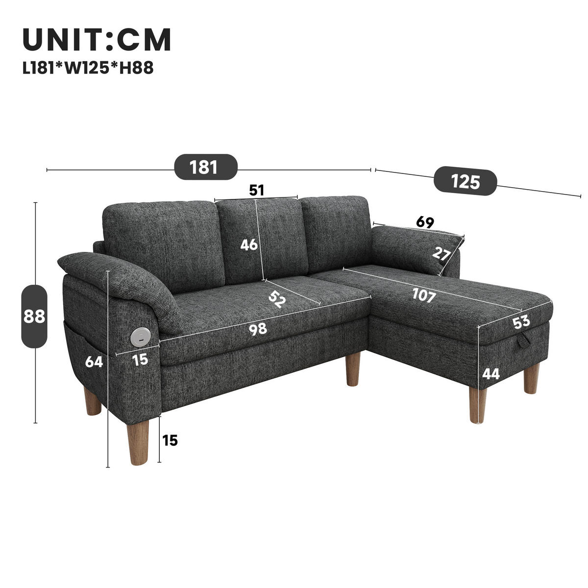 ECKSOFA mit Stauraum, USB-C, Type-C, Chenille Bezug, flexibler Chaiselongue und Seitenmontage in Grau - Grau, Textil (181/125cm) - EVRYAE