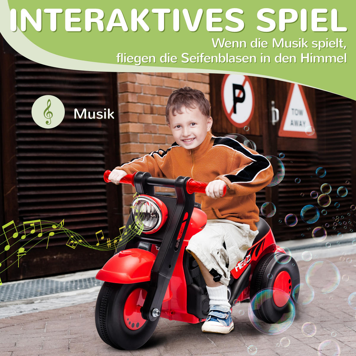 RUTSCHAUTO, Motorrad-Design, Musik und Seifenblasen, für 2-5 Jahre, Rot - Rot, Kunststoff/Metall (80/35.5/42cm) - AIYAPLAY