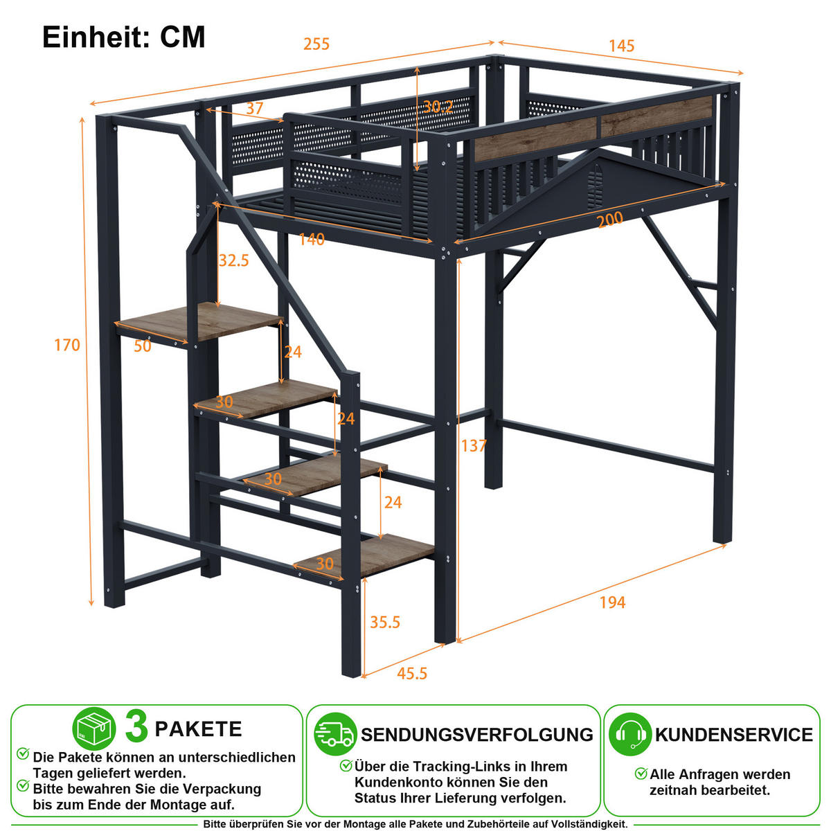 HOCHBETT 140/200 cm in Schwarz mit Sicherheitsleiter und Stauraum - Schwarz, Holzwerkstoff/Metall (140/200cm) - CHICFURN