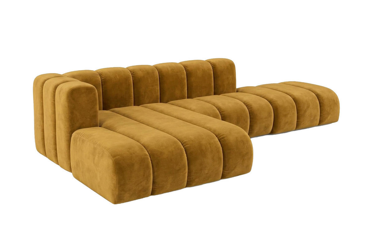 ECKSOFA Modulares In L-Form Mit Hocker, Velvet-Stoff Riviera, Senffarbe, Links, GRAND Mini - Gelb, Holz (295/179cm) - Kaiser Möbel
