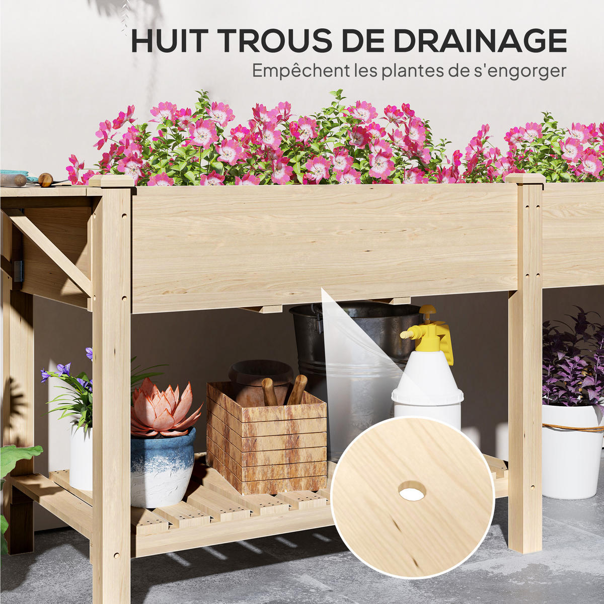 HOCHBEET DE-16014 2 Pflanzkästen mit Klapptisch Naturholz - Naturfarben, Holzwerkstoff (207/78/59cm) - ComfortXL