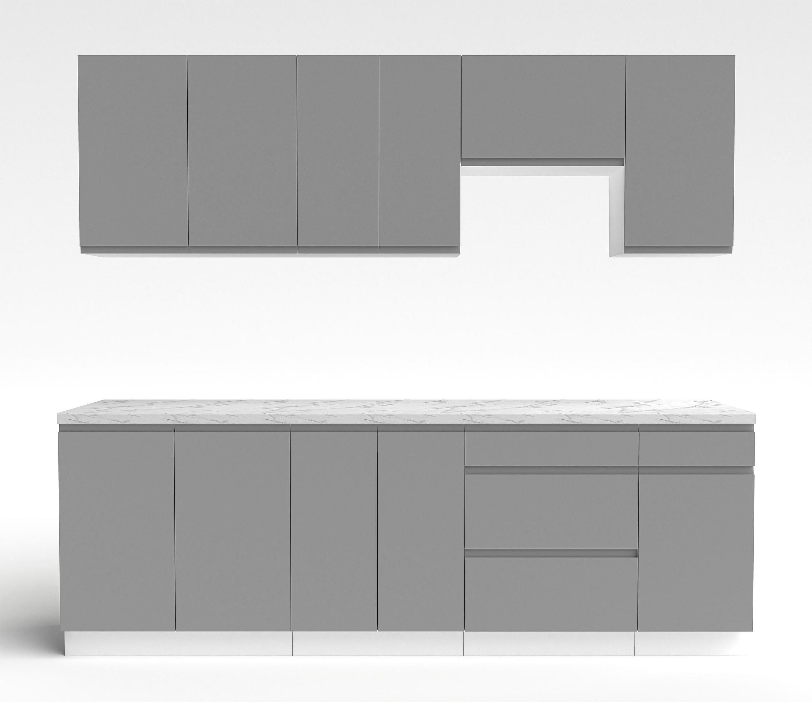 KÜCHENLEERBLOCK Aquileia 240 cm Grau mit Weißem Korpus mit Arbeitsplatte Marmor Bianco - Hellgrau/Grau, Holzwerkstoff (240/157.8/60cm) - AX Living