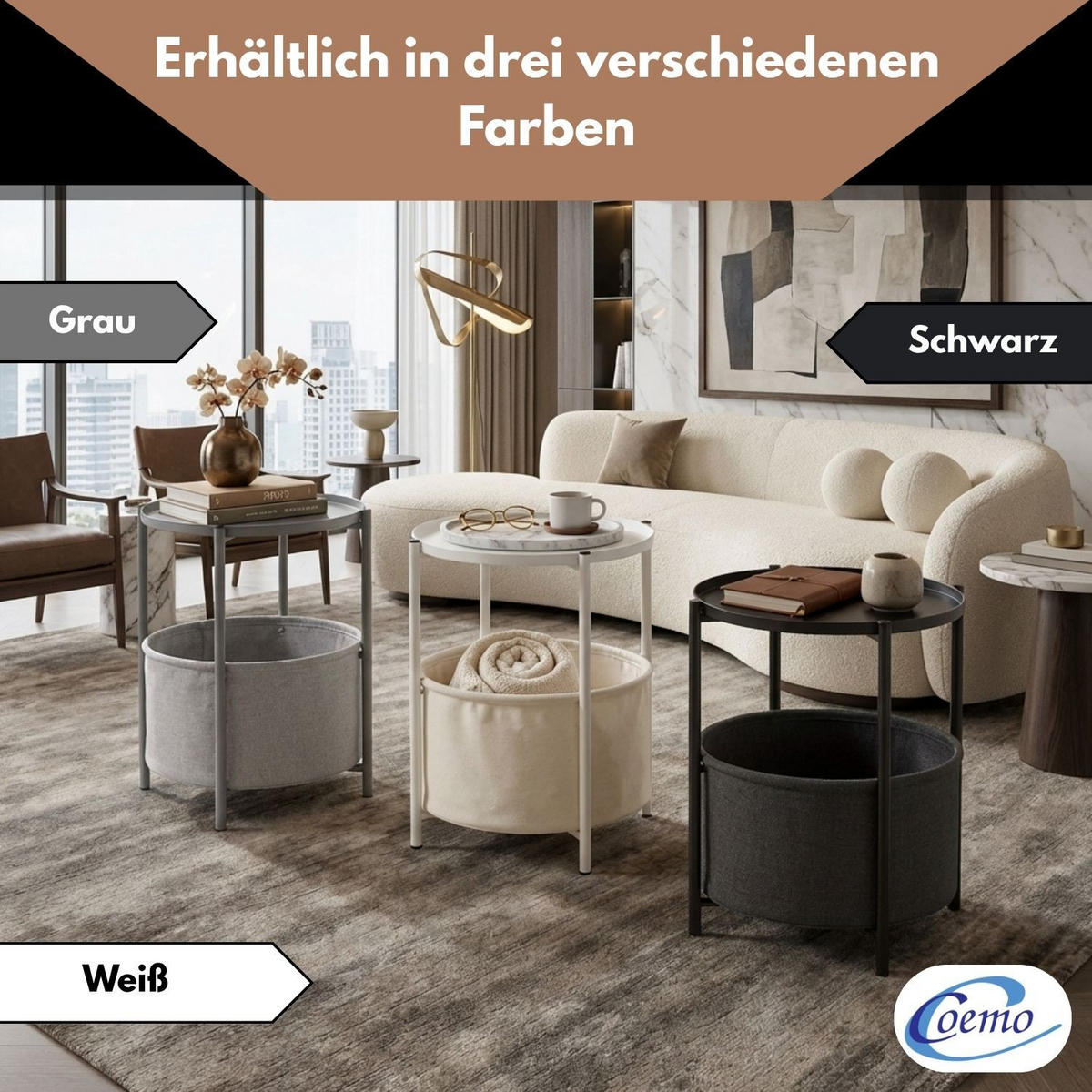 COUCHTISCH NINA rund Metall mit Aufbewahrungskorb Canvas Weiß - Weiß, Metall (45/45/48cm) - Coemo