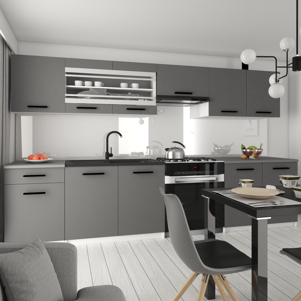 KÜCHENZEILE Italia 4 260 cm, mit Arbeitsplatten, Grau - Grau, Holz (260/143/60cm) - B BELINI GROUP