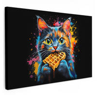 LEINWANDBILD Katze - Graffiti - Bunt - Waffel - Essen Wohnzimmer 120x80 cm - Türkis, Textil (120/80cm) - MuchoWow