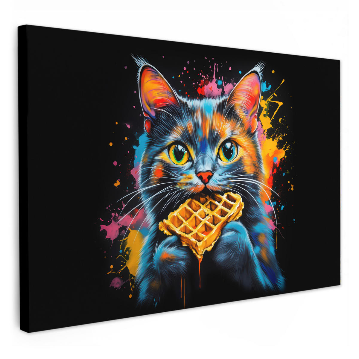 LEINWANDBILD Katze - Graffiti - Bunt - Waffel - Essen Wohnzimmer 120x80 cm - Türkis, Textil (120/80cm) - MuchoWow
