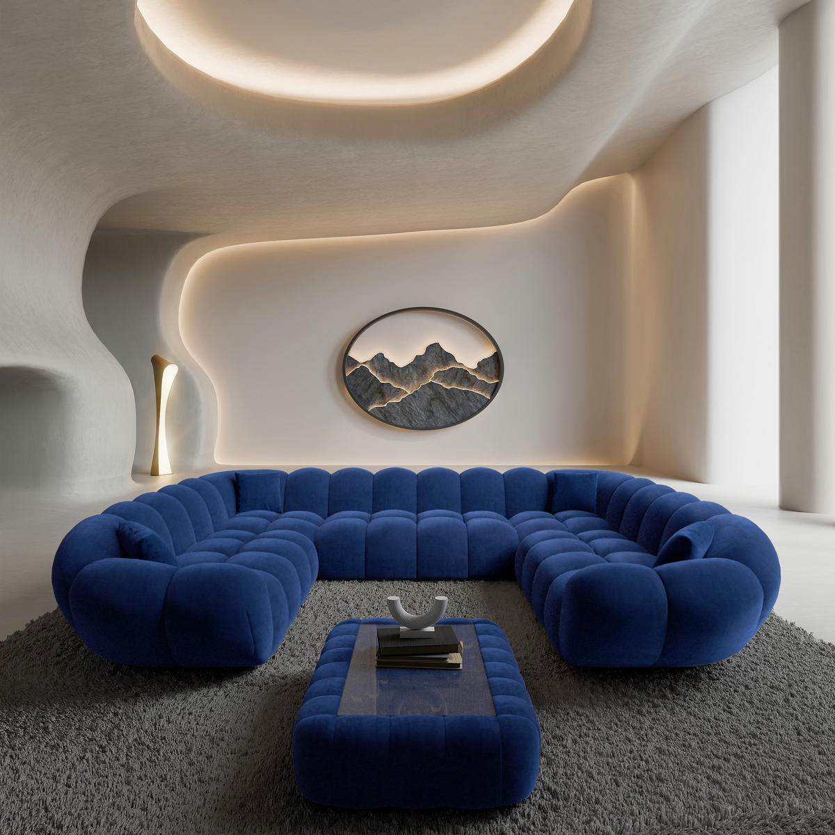 WOHNLANDSCHAFT Liva Königsblau Samtstoff U-Form XXL Panorama - Blau, Textil (316/70/258cm) - VAROYAL