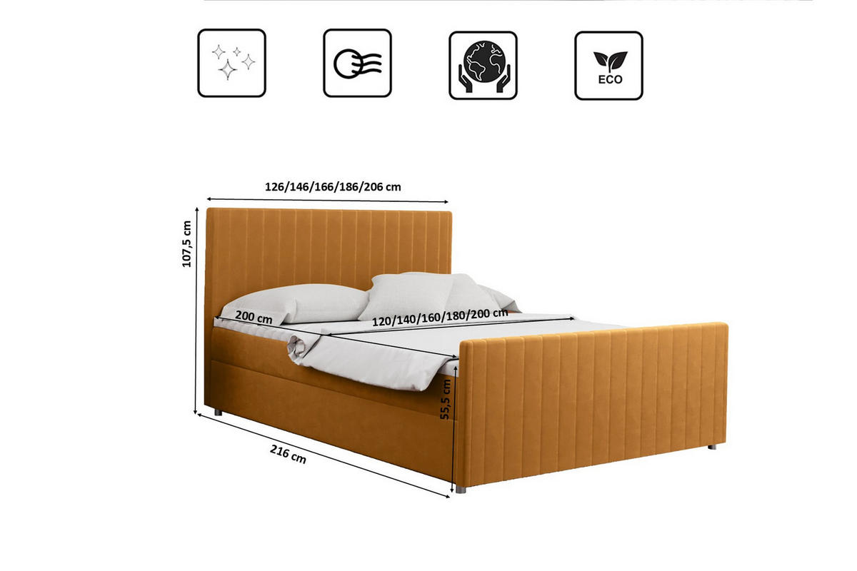BOXBETT mit Bettkasten Matratze Topper LATINO stoff Velvet 200x200 cm Gelb H2-Pocket - Gelb, Holz/Holzwerkstoff (200/200cm) - Kaiser Möbel